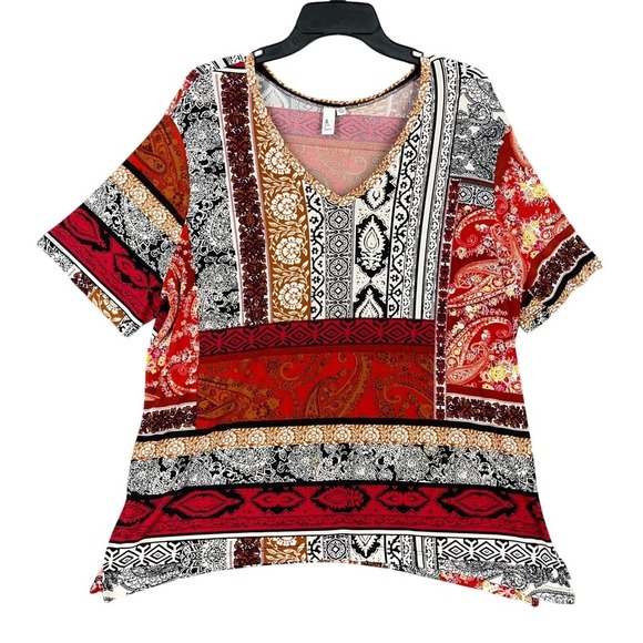 Jules & Leopold Tops - Jules & Leopold Patchwork Paisley Print V Neck Short Sleeve Knit Top XL Womens